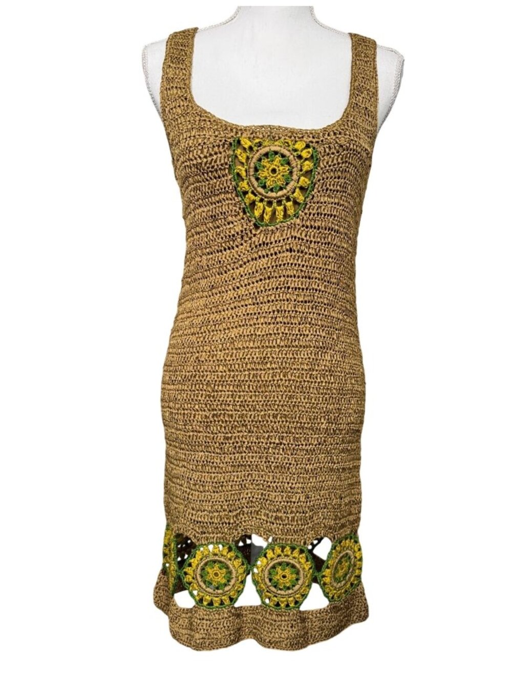 Anthropologie Knitted & Knotted Crochet Dress M Green Yellow Back Keyhole Travel